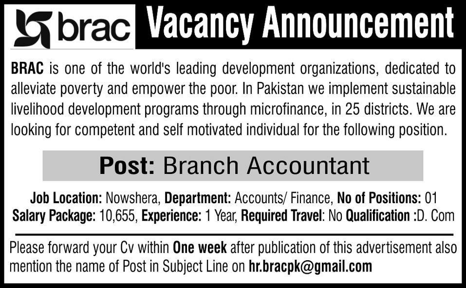 BRAC NGO Job 2012 for Branch Accountant