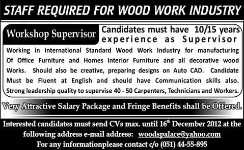 Workshop Supervisor Required for Wood Work Industry
