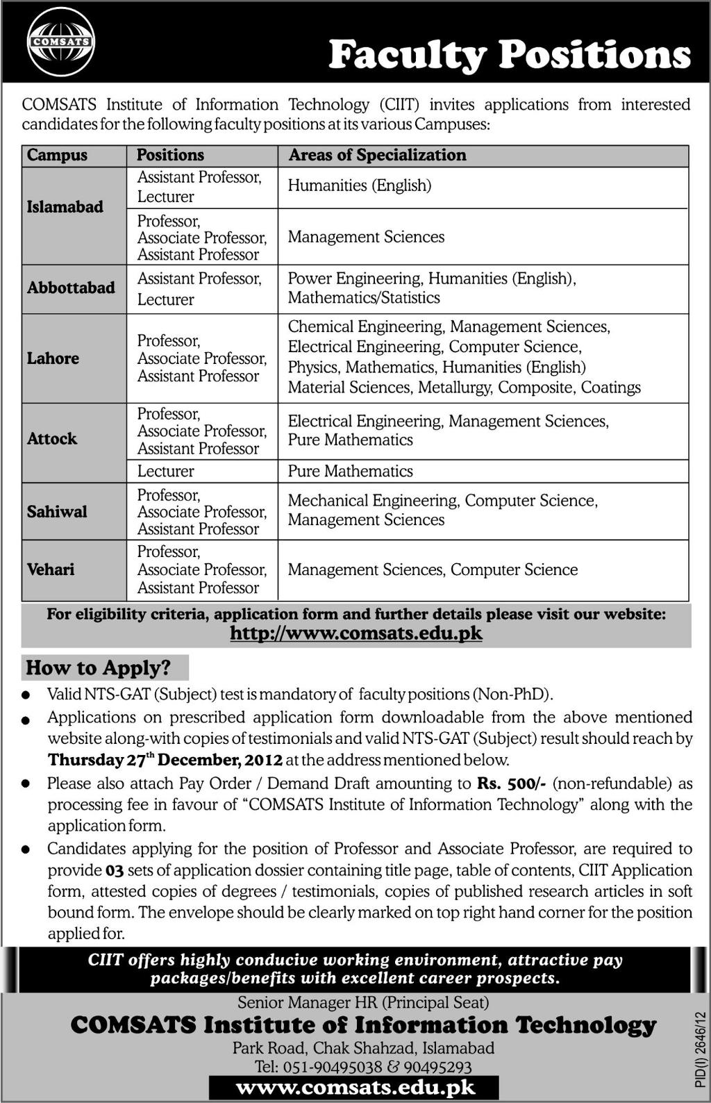CIIT Jobs 2012 for Associate / Assistant / Professors / Lecturers