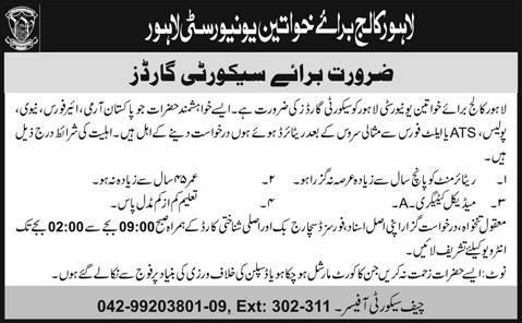 Lahore College for Women University Jobs 2012 for Security Guards