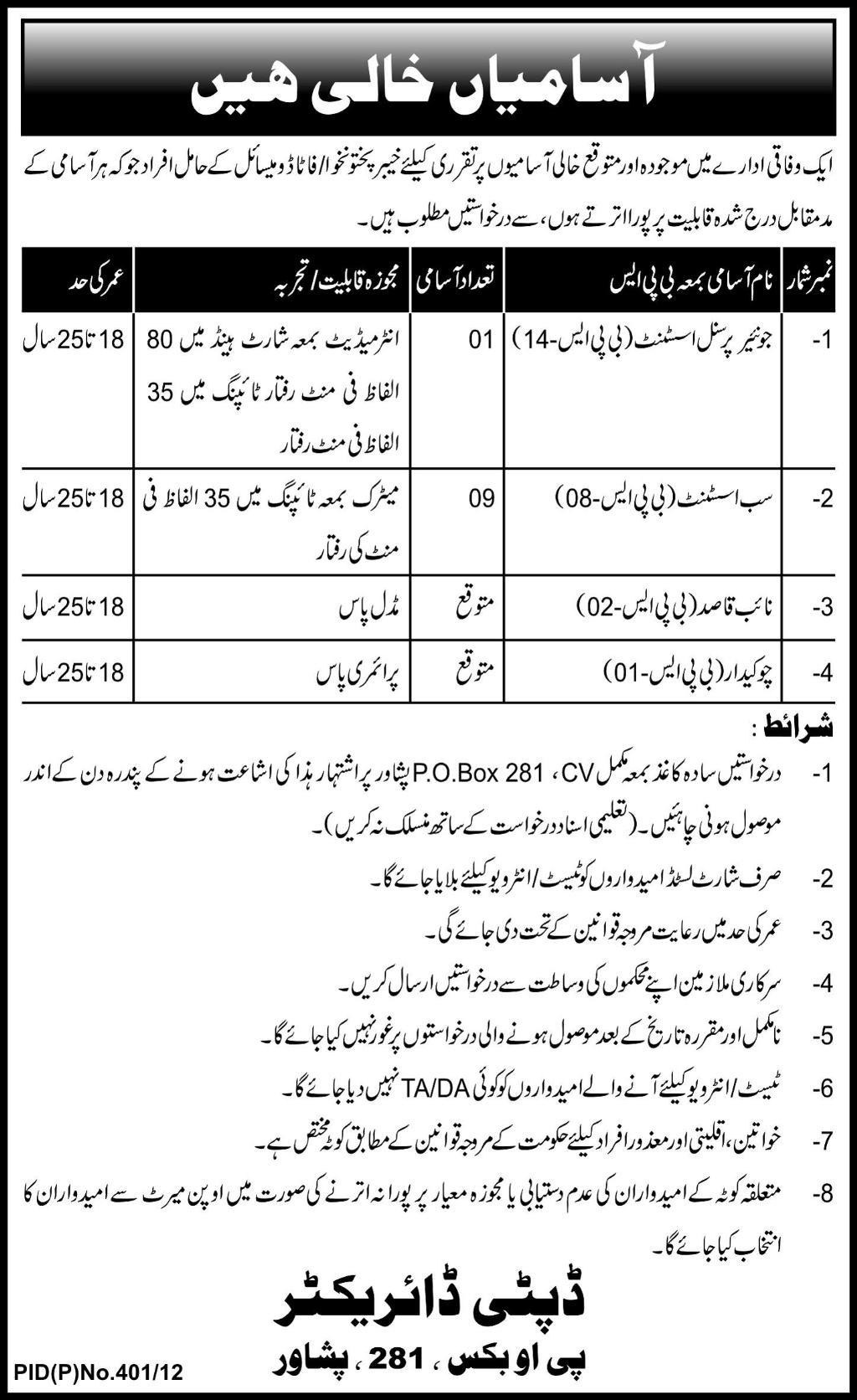 PO Box 281 Peshawar Jobs under Federal Government