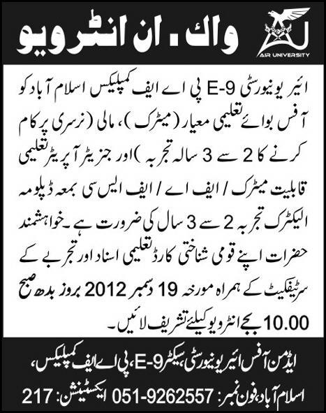 Air University Islamabad Jobs 2012 for Office Boy, Mali & Generator Operator