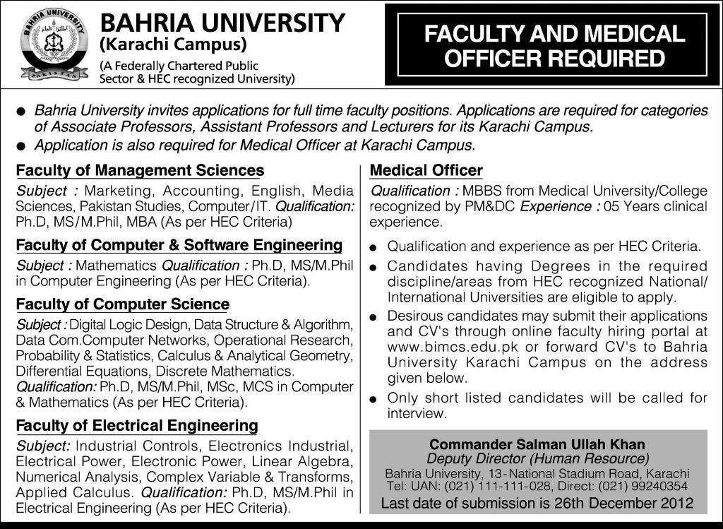 Jobs in Bahria University Karachi Campus 2012 Professors & Lecturers