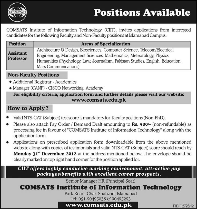 COMSATS Institute of Information Technology Islamabad Campus Jobs 2012 Faculty& Non-Faculty Positions