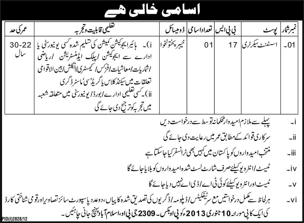 PO Box 2309 GPO Islamabad Job 2012 for Assistant Secretary in a Government Organization