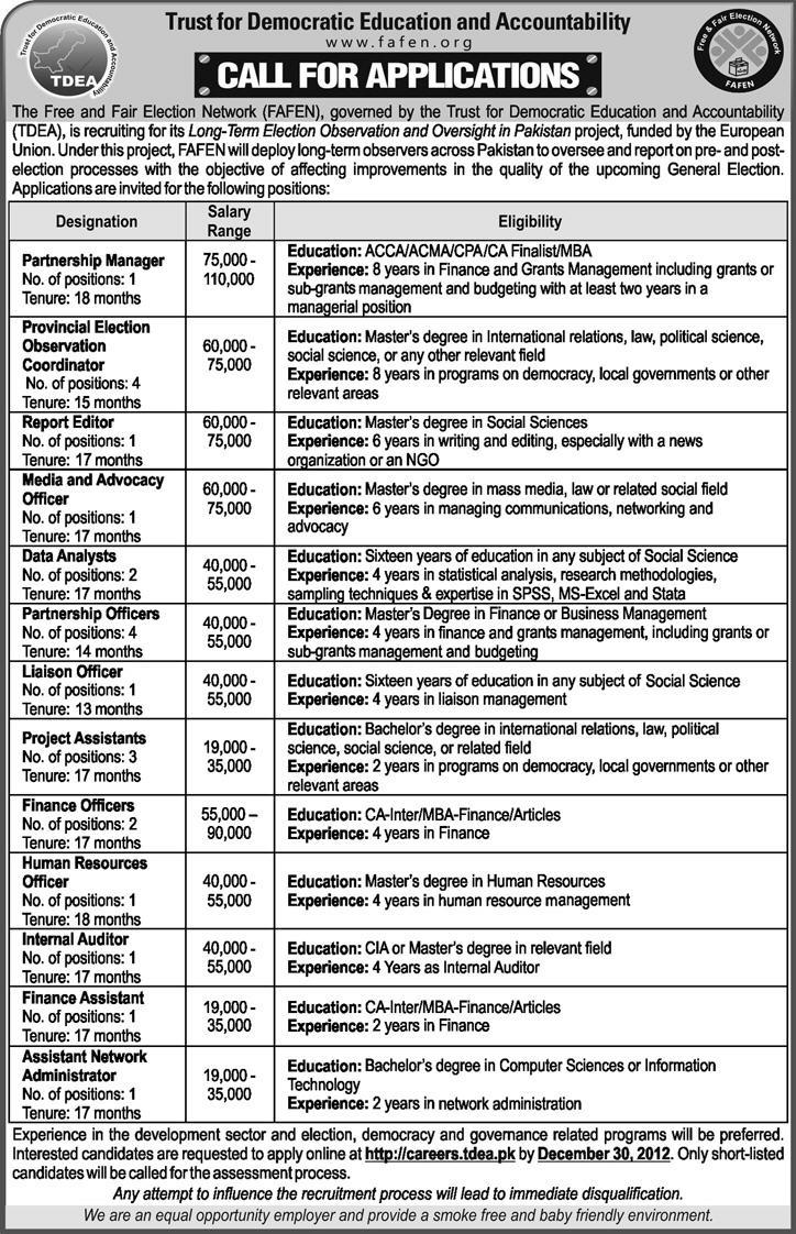 Free and Fair Election Network (FAFEN) TDEA Pakistan Jobs 2012 (Funded by EU)