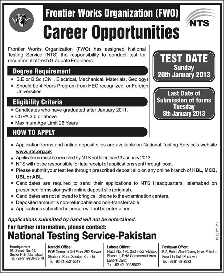 Civil / Electrical / Mechanical / Materials / Geology Engineers Jobs in FWO Pakistan 2012 December