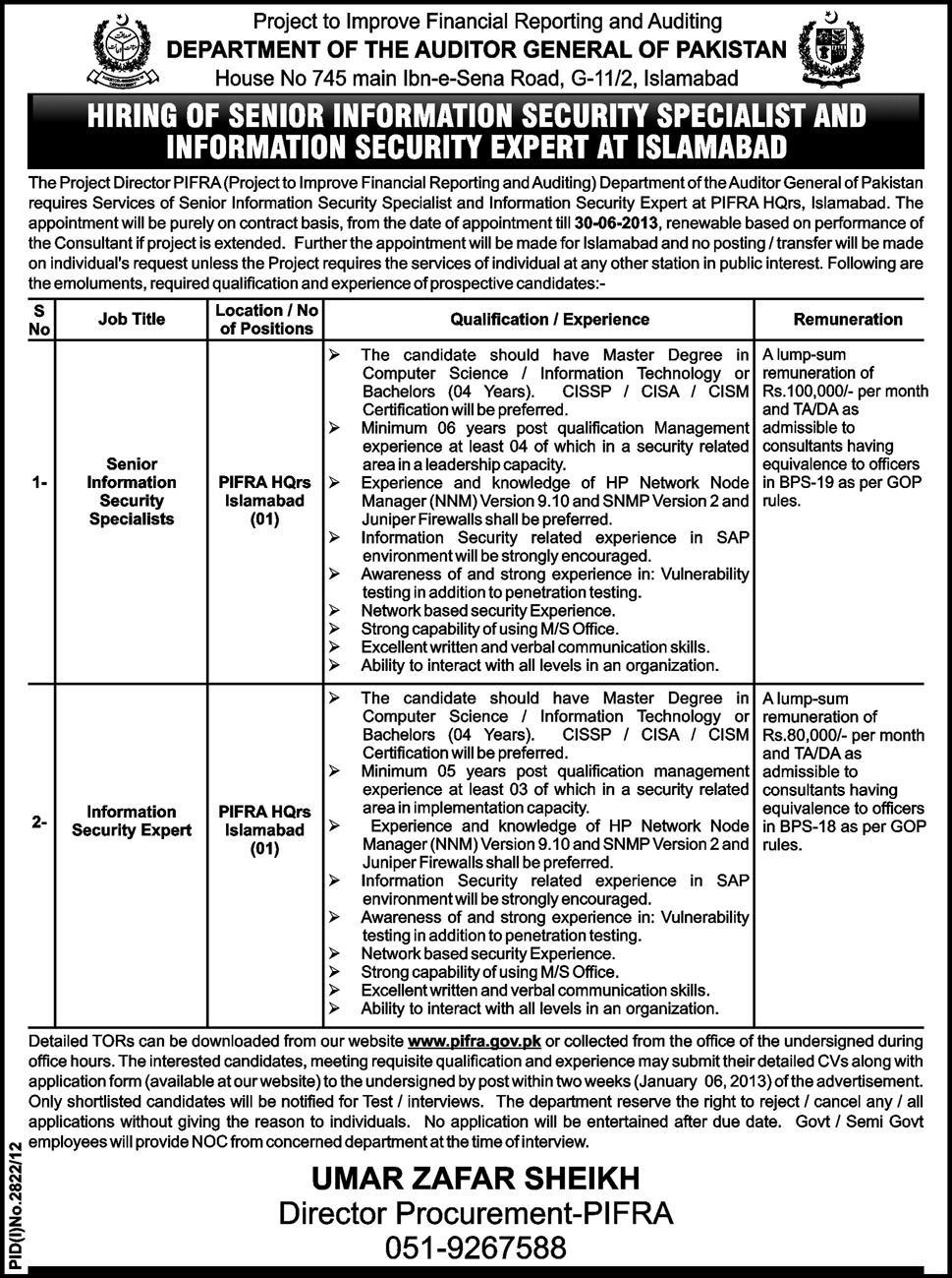 Auditor General of Pakistan Jobs for Information Security Professionals
