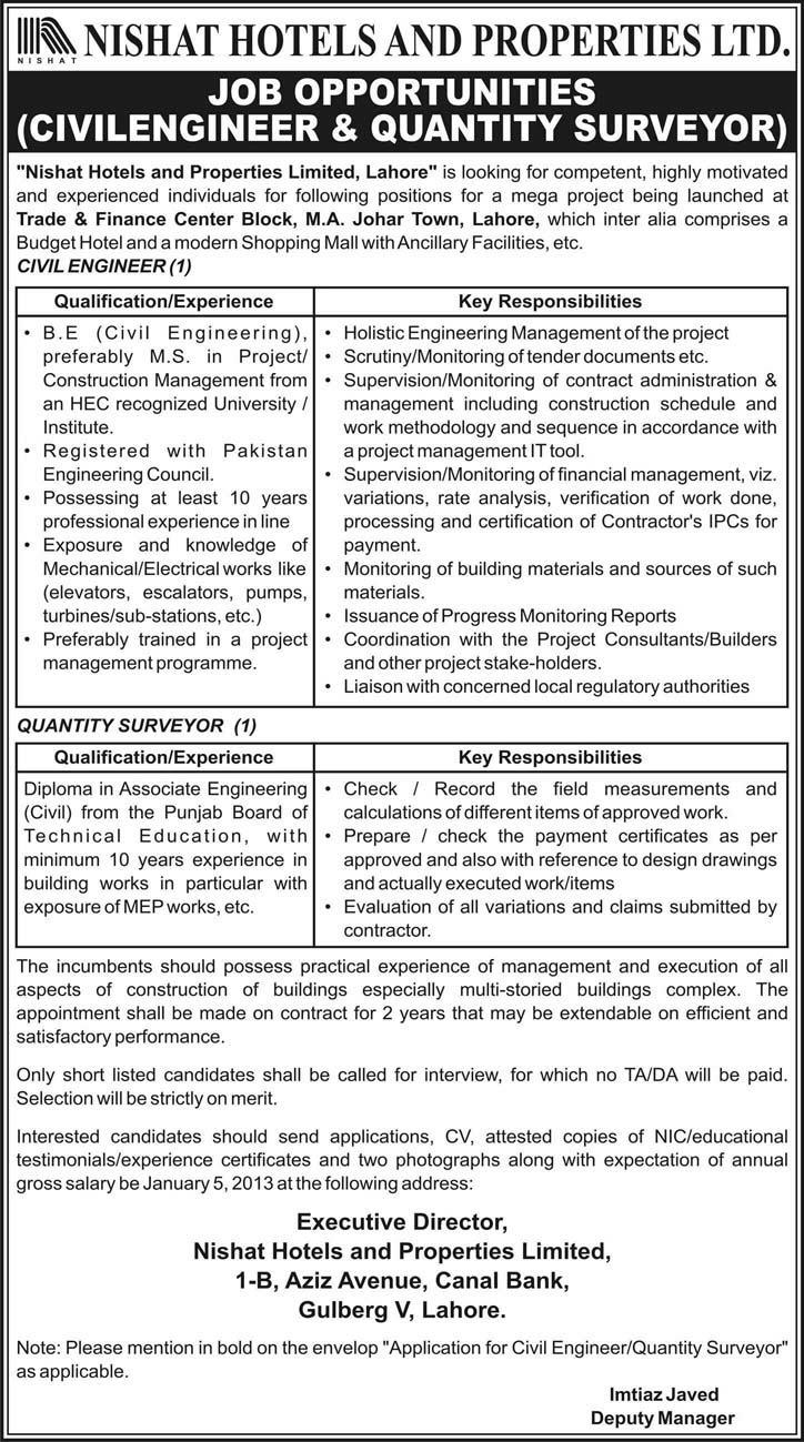 Civil Engineer & Quantity Surveyor Vacancies at Nishat Hotels & Properties Limited