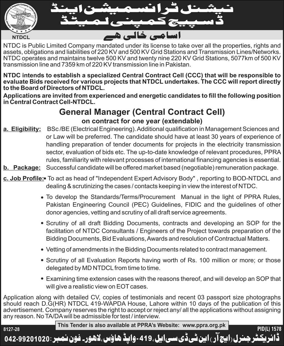General Manager CCC Job at NTDC 2013 2012 NTDCL