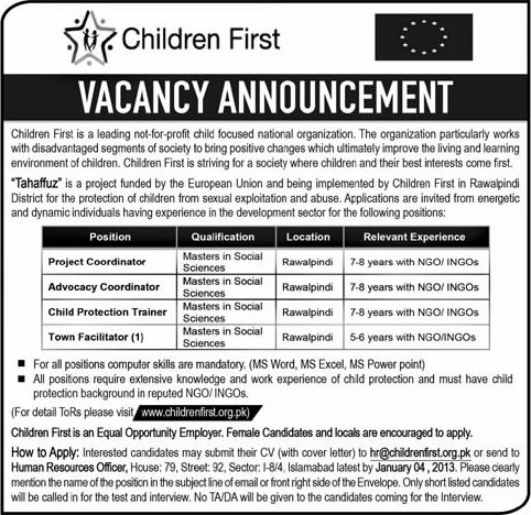 Children First NGO Jobs 2013 at Tahaffuz Project for Coordinator, Trainer & Facilitator