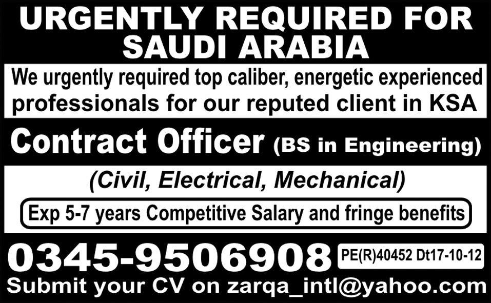 Jobs in Saudi Arabia 2013 for Civil, Electrical, Mechanical Engineers as Contract Officers