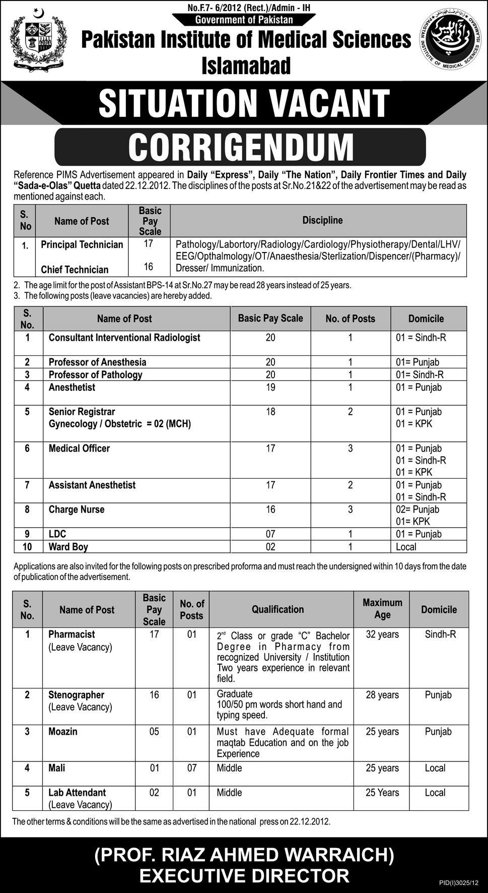 PIMS Hospital Islamabad Jobs - Addendum / Corrigendum