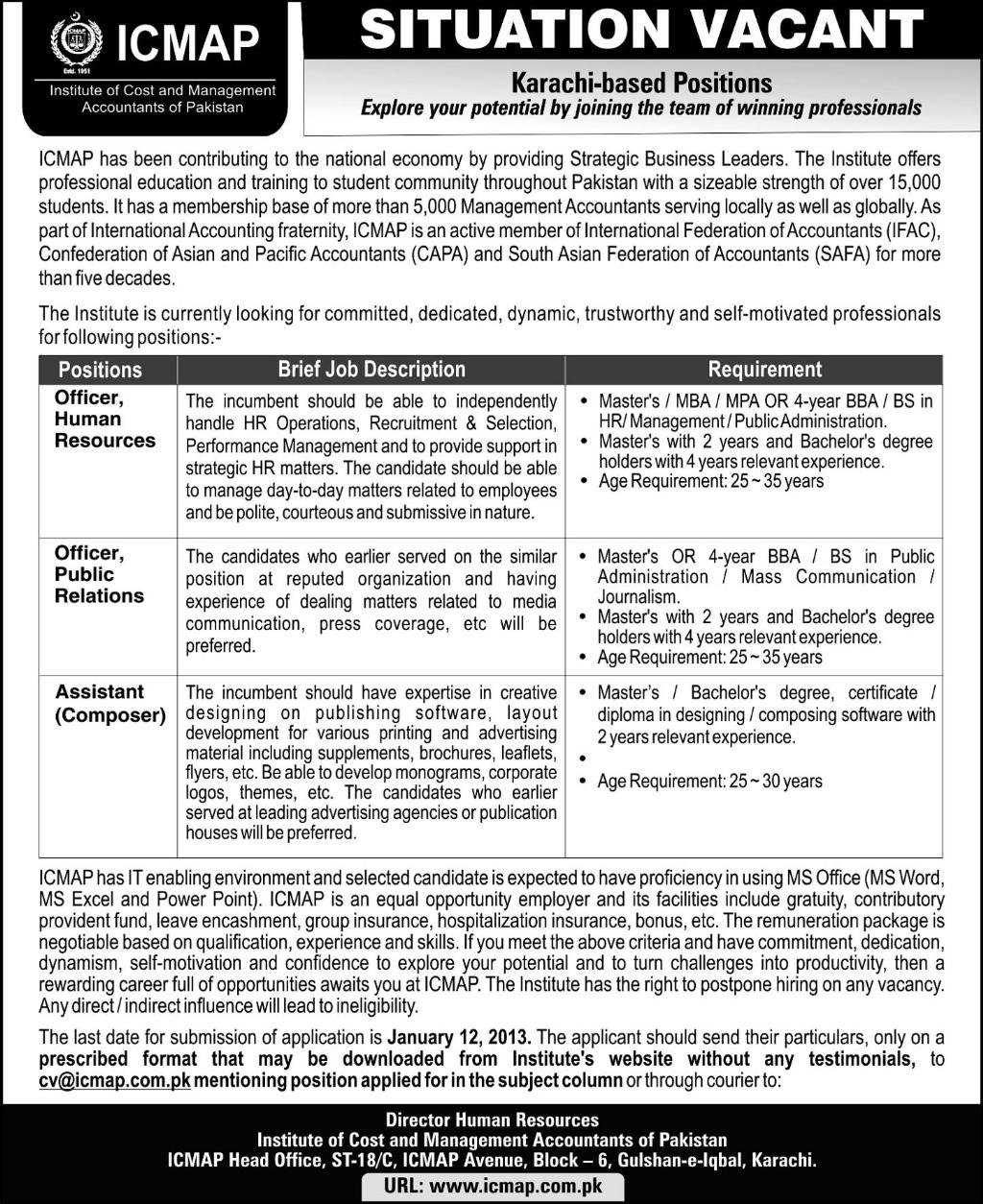 ICMAP Jobs Karachi 2013 Institute of Cost & Management Accountants of Pakistan