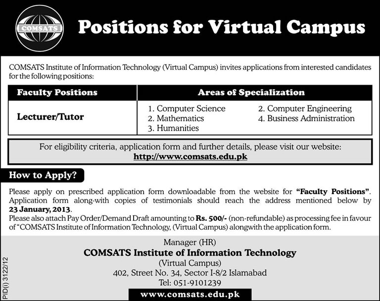 COMSATS Institute of Information Technology Virtual Campus Jobs 2013