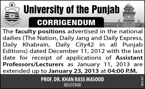 Corrigendum: Extension in Date for Assistant Professors & Lecturers Jobs in Punjab University Lahore 2013
