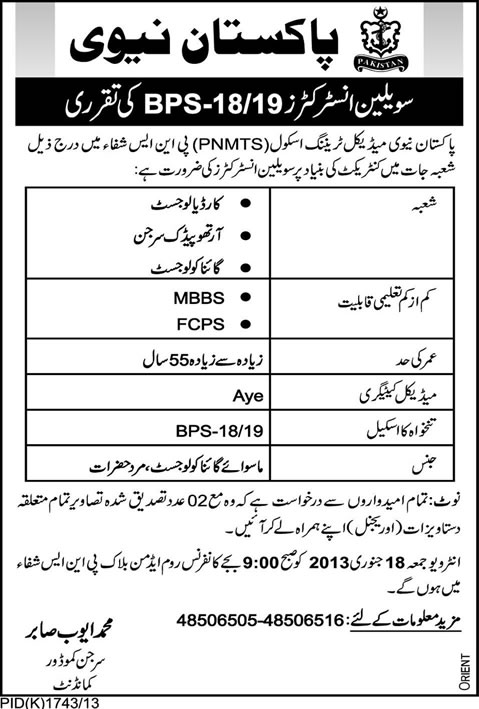 Pakistan Navy Medical Training School (PNMTS) Jobs 2013 for Civilian Instructors