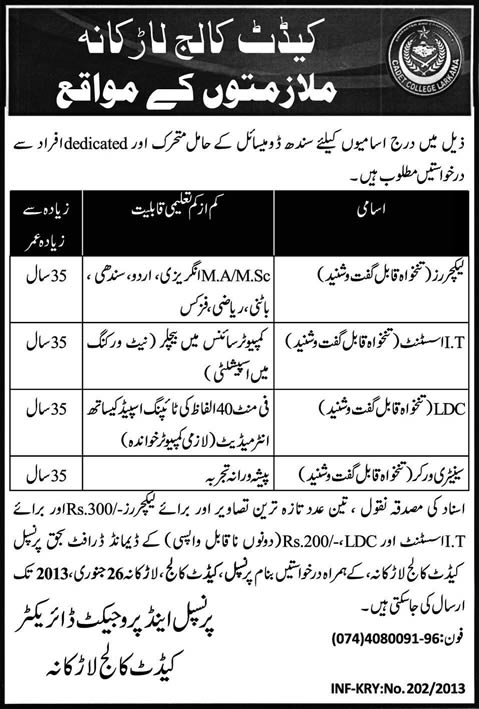 Cadet College Larkana Jobs 2013 Lecturers, IT Assistant & Staff