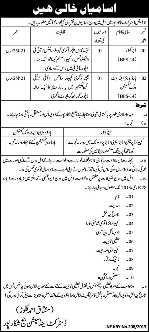 Judicial District Shikarpur Jobs 2013 Data Coder and Hardware & Network Technician