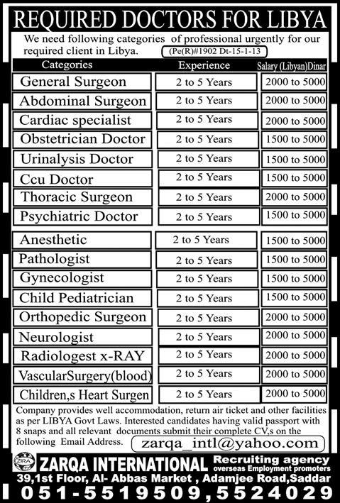 Jobs in Libya 2013 Doctors, Specialists, Surgeons & Other Medical Staff Through Zarqa International