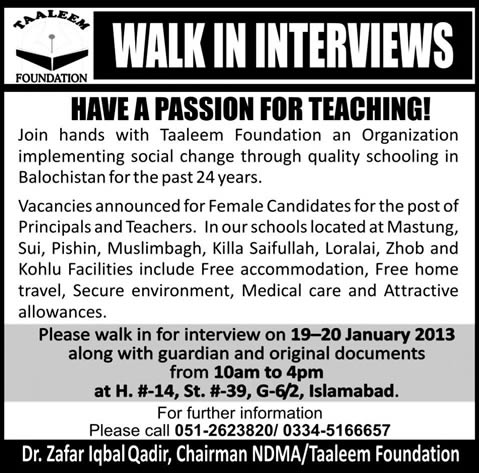 Principals & Teachers Jobs 2013 at Taaleem Foundation - Walk in Interviews in Islamabad