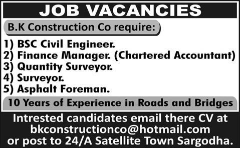 B.K Construction Company Jobs 2013 for Civil Engineer, Finance Manager, Surveyor & Asphalt Foreman