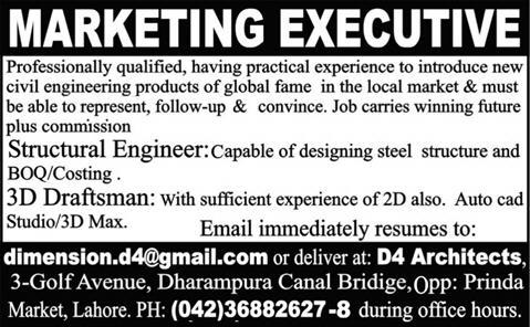 Marketing Executive, Structural Engineer & 3D Draftsman Jobs at D4 Architects