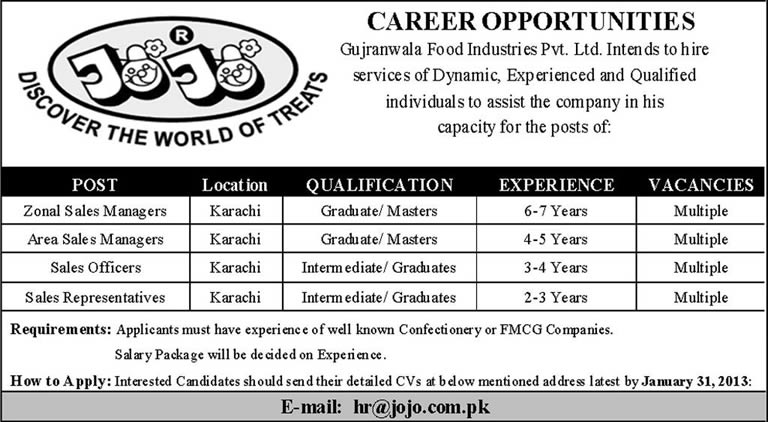 JOJO Needs Sales & Marketing Staff (Gujranwala Food Industries Pvt. Ltd.)