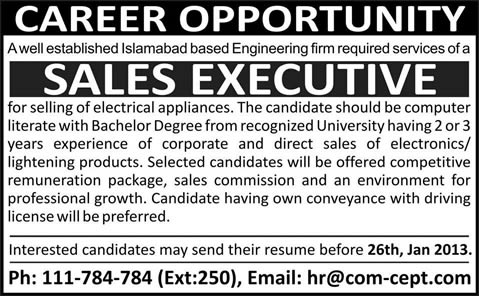Sales Executive Required in an Engineering Firm