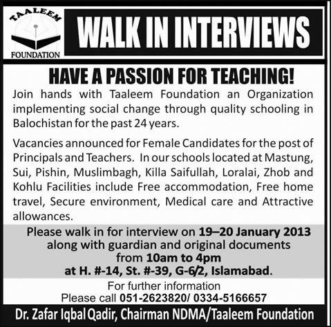 Principals & Teachers Jobs Taleem Foundation Interviews in Islamabad