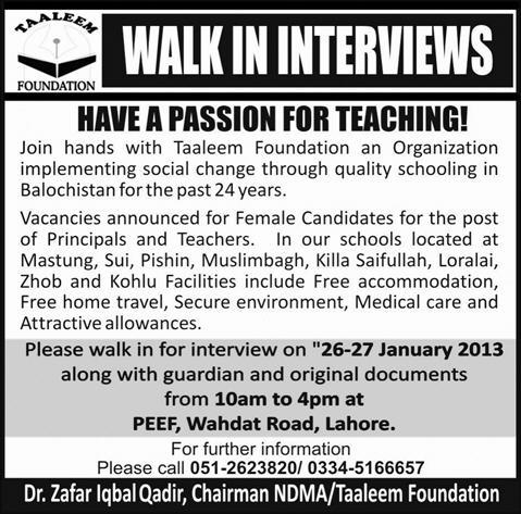Taleem Foundation Jobs for Principals & Teachers Interviews in Lahore