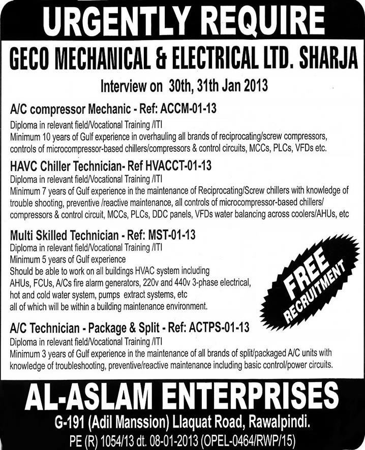 Jobs in Sharjah UAE for AC/HVAC Technicians & Mechanic through Al-Aslam Enterprises