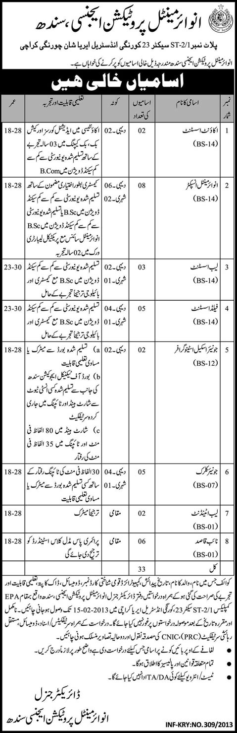 Environmental Protection Agency Sindh Jobs 2013