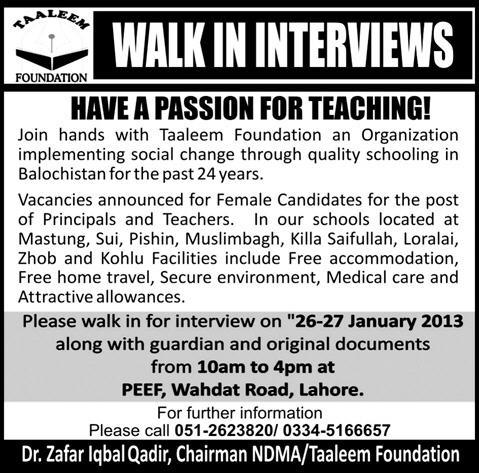Jobs for Teachers & Principals in Balochistan at Taleem Foundation Walk in Interviews in Lahore