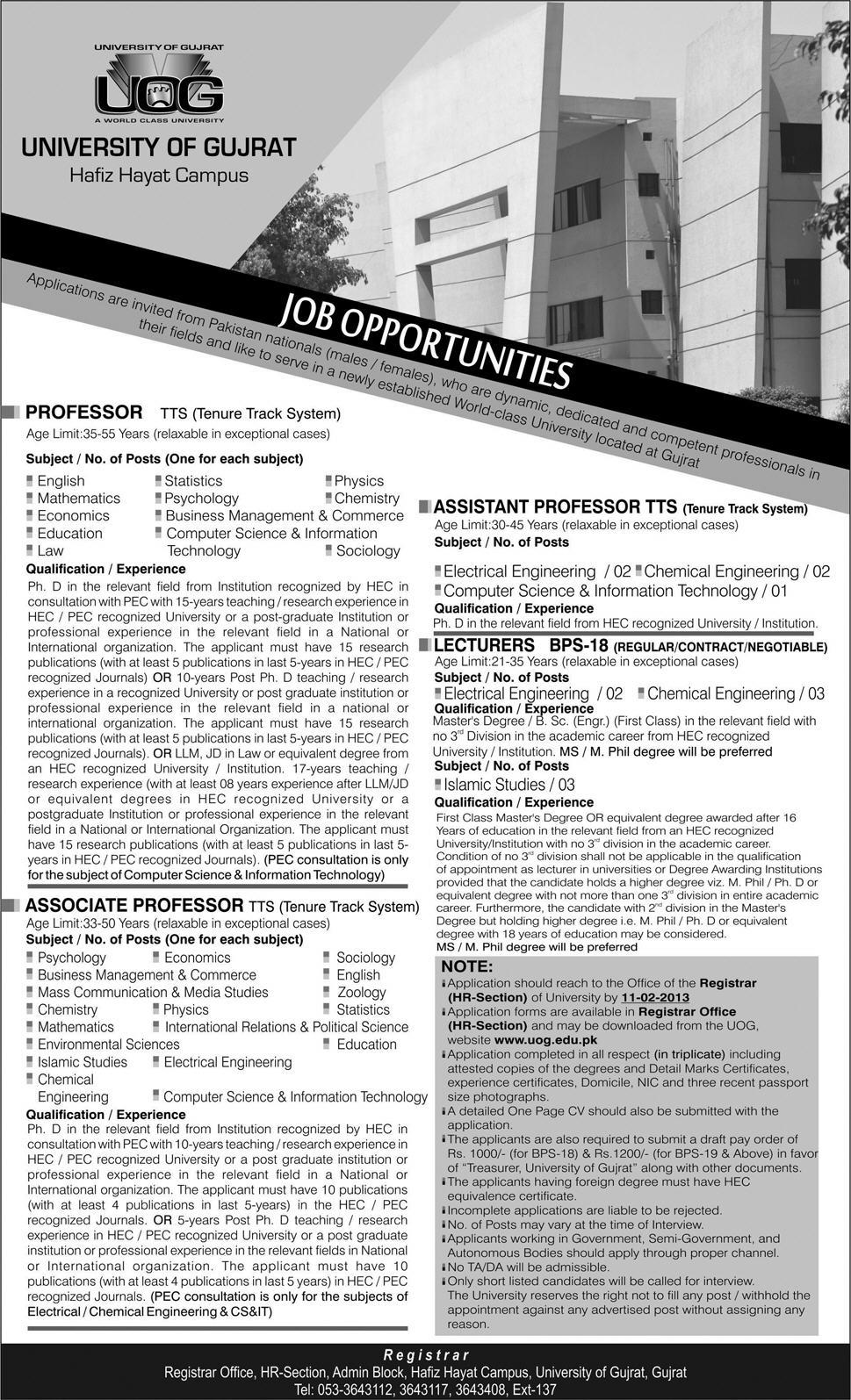 University of Gujrat Jobs 2013 for Faculty