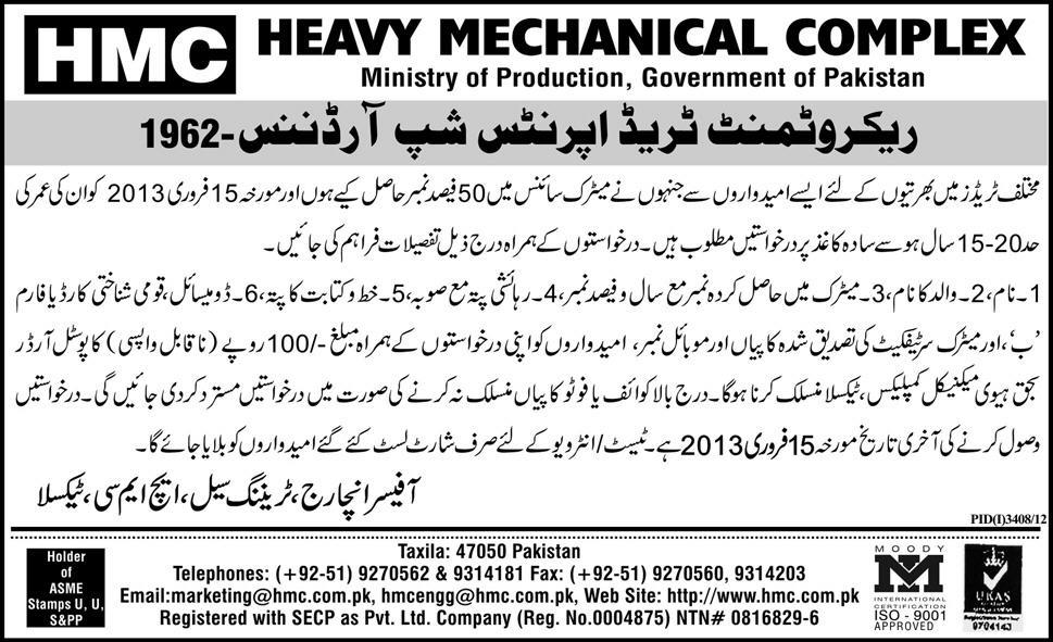 Heavy Mechanical Complex Taxila Jobs 2013 Apprenticeship Training