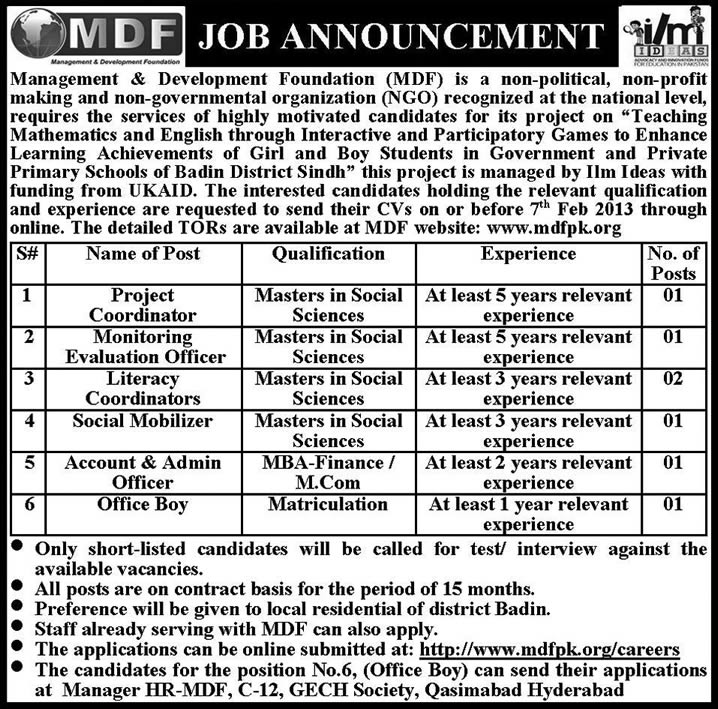 Management & Development Foundation (MDF) NGO Jobs 2013 in Badin