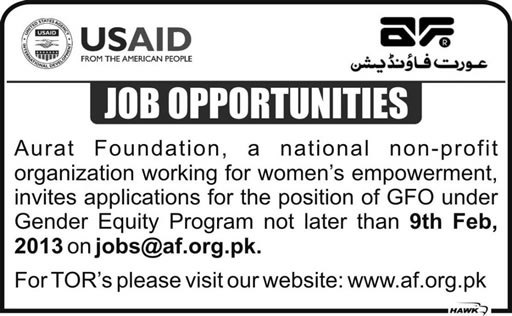 Aurat Foundation Job 2013 for Grants & Finance Officer (GFO) under Gender Equity Program