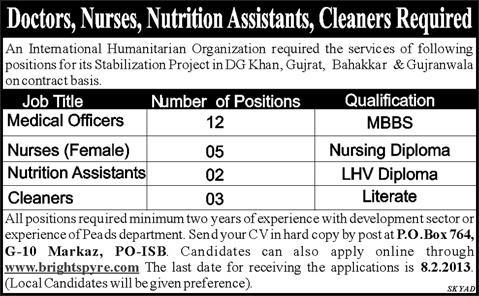 PO Box 764 Islamabad Jobs in an International Humanitarian Organization for Doctors, Nurses, Nutrition Assistants & Cleaners