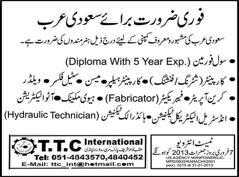 Jobs in Saudi Arabia 2013 for Construction Staff through T.T.C. International