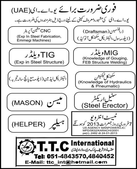 Construction Staff Jobs in UAE 2013 through T.T.C. International