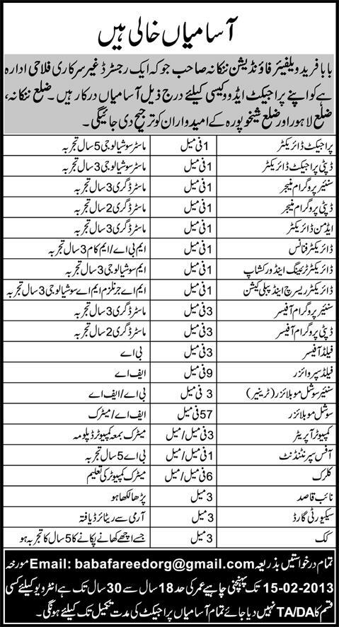 Baba Fareed Welfare Foundation Nankana Sahib Jobs 2013