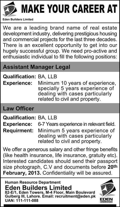 Eden Builders Lahore Jobs 2013 for Assistant Manager Legal & Law Officer