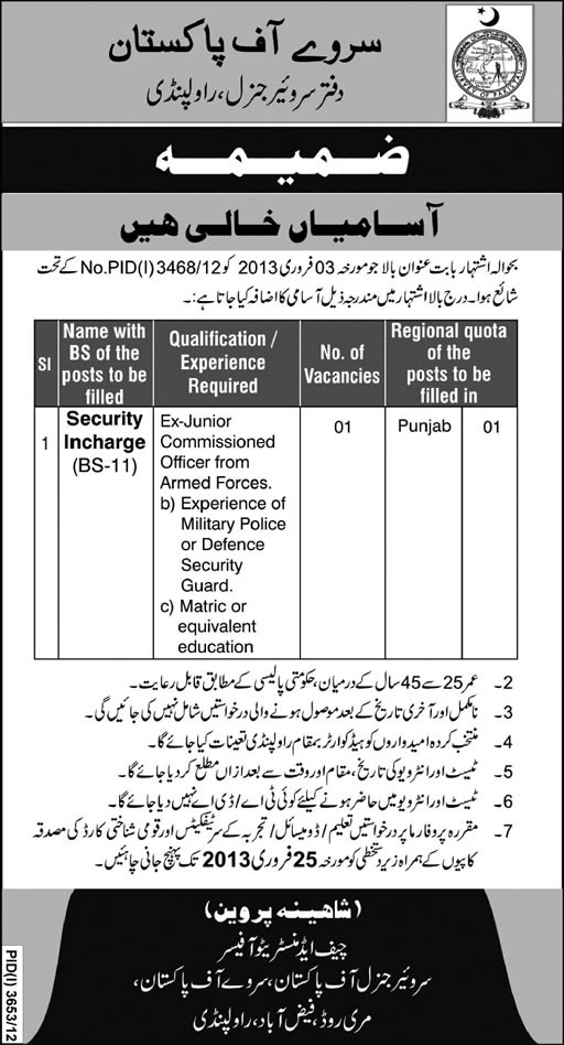 Addendum: Survey of Pakistan Jobs 2013 Addition of Security Incharge Vacancy