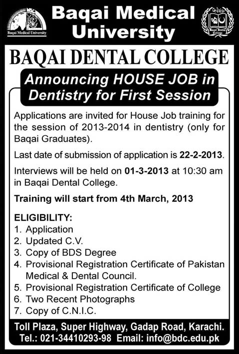 Baqai Dental College Karachi House Jobs in Dentistry 2013