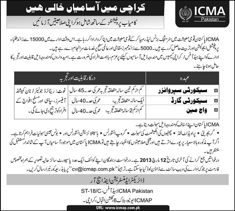 ICMA Jobs in Karachi 2013 Pakistan ICMAP for Security Supervisor, Security Guard & Watchman