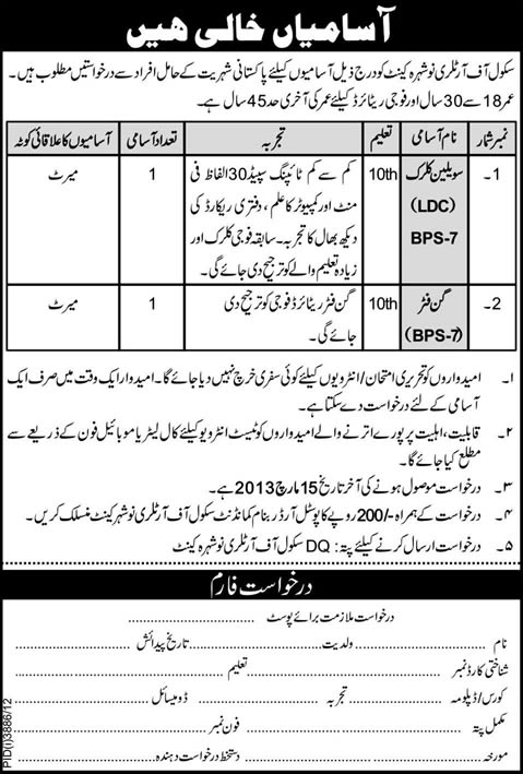 School of Artillery Nowshera Cantt Jobs 2013 Application Form LDC Clerk & Gun Fitter