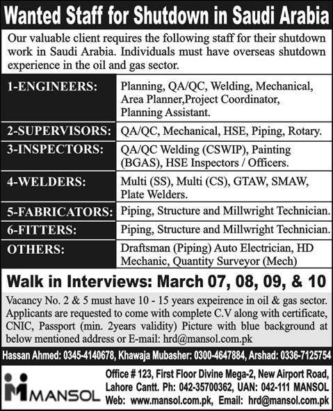 Engineers, Supervisors & Technical Jobs in Saudi Arabia through Mansol