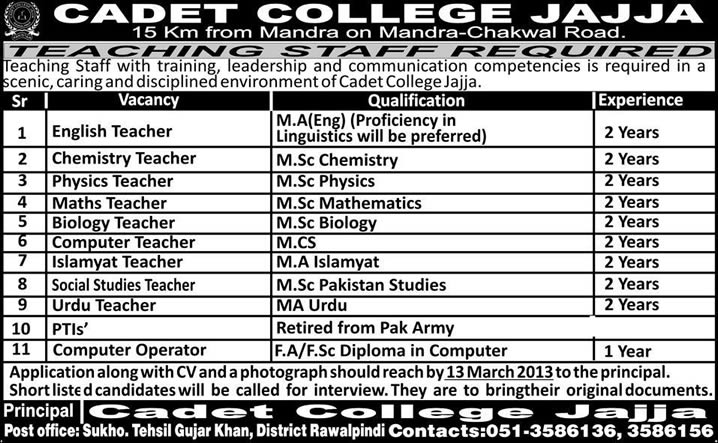 Cadet College Jajja District Rawalpindi Jobs for Teachers & Staff