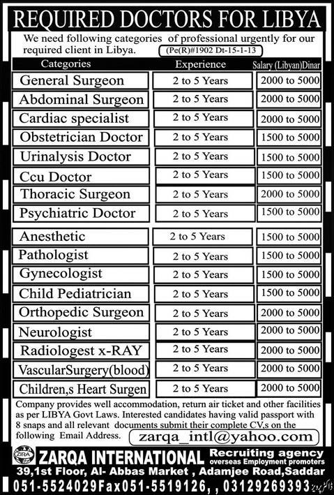 Jobs in Libya 2013 Latest for Doctors, Surgeons & Other Medical Staff through Zarqa International